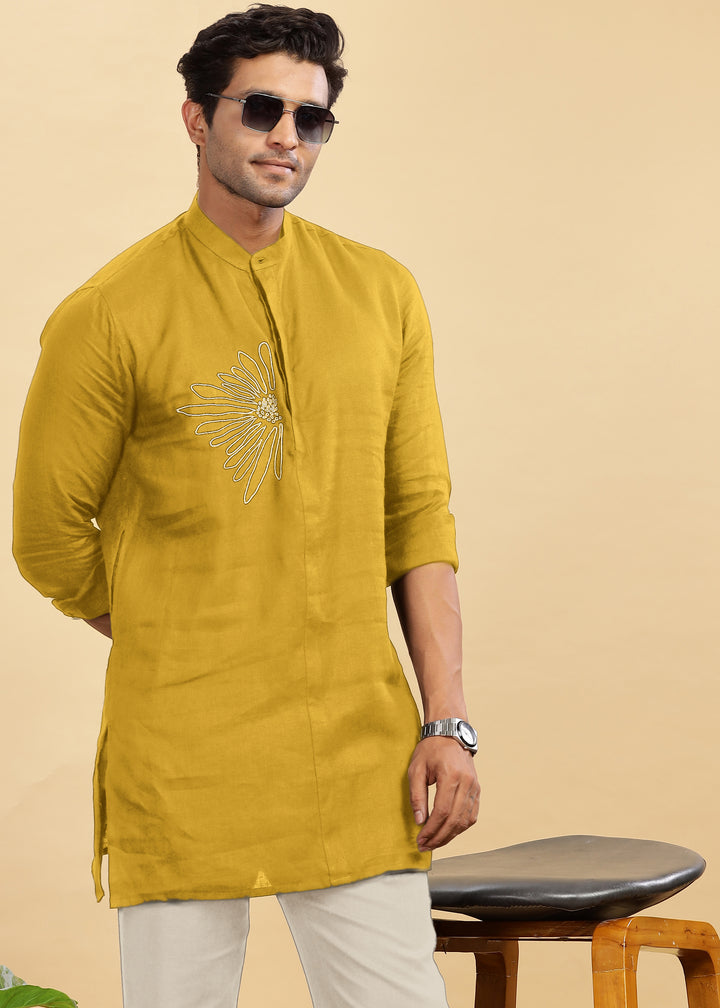 Yash Kurta - Pure Linen Long Kurta with Floral Embroidery | Sunburst Yellow