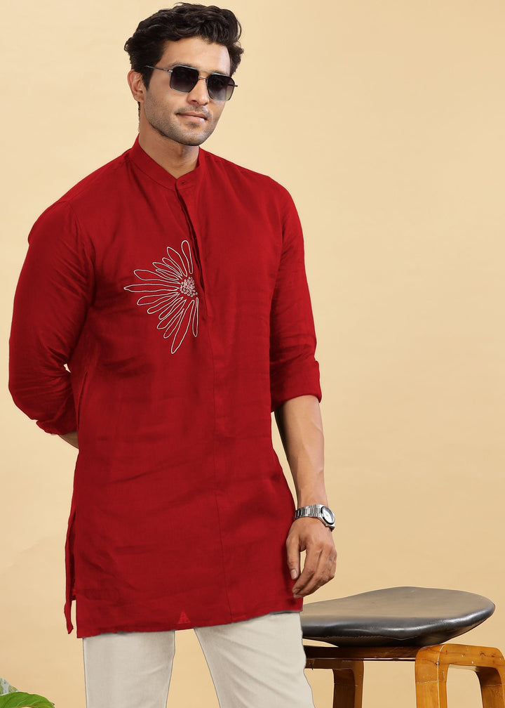 Yash Kurta - Pure Linen Long Kurta with Floral Embroidery | Mud Red