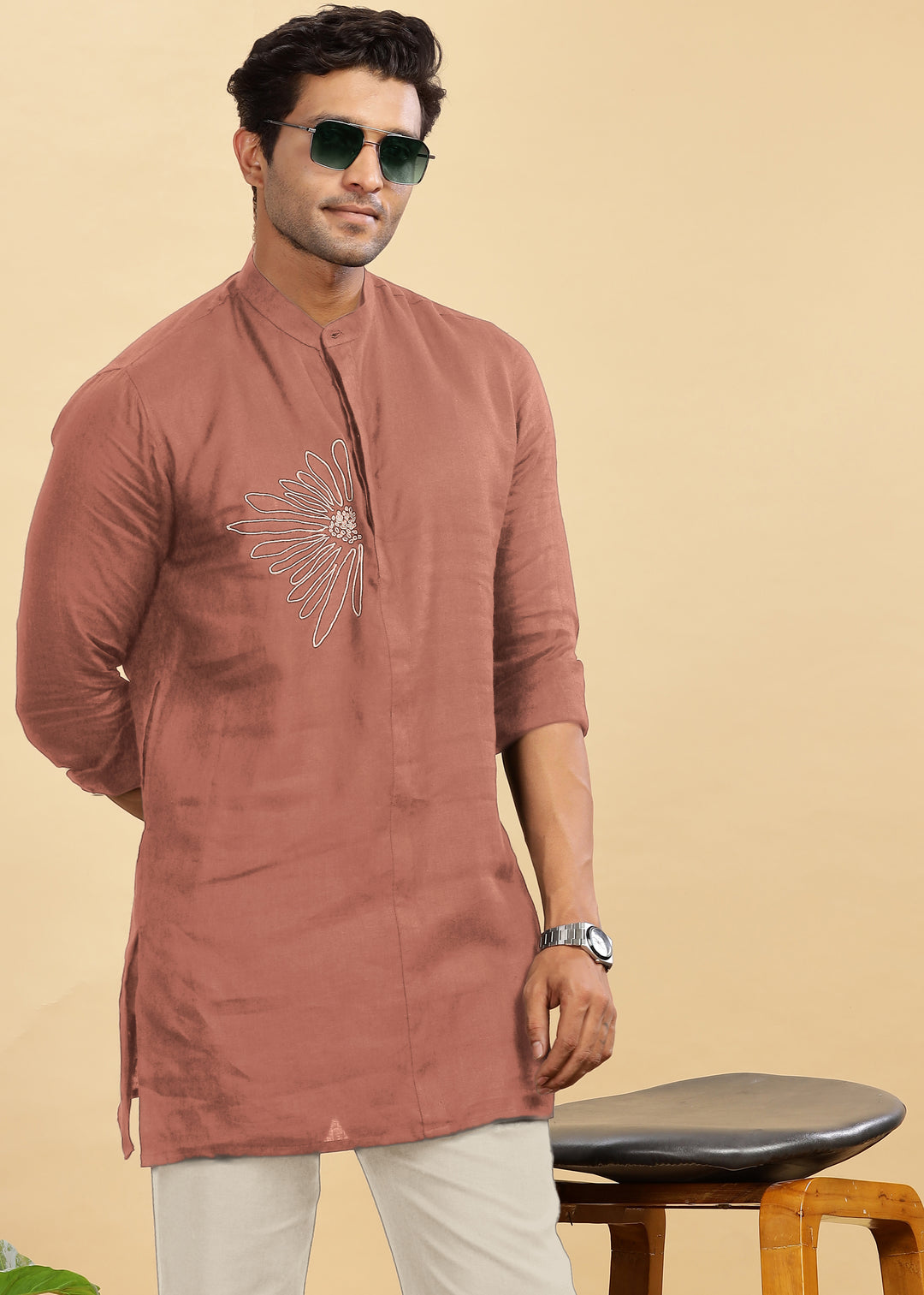 Yash Kurta - Pure Linen Long Kurta with Floral Embroidery | Fondue Pink