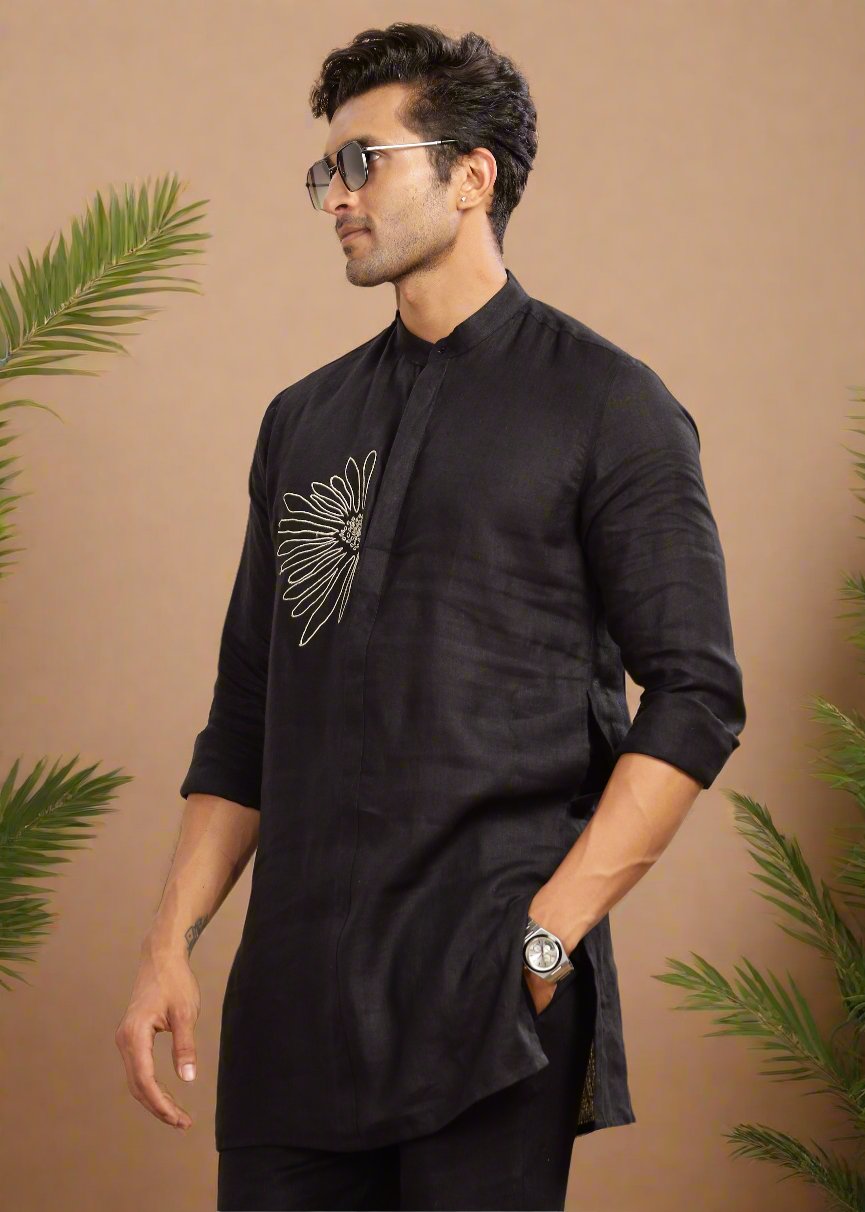 Yash Kurta - Pure Linen Long Kurta with Floral Embroidery | Black