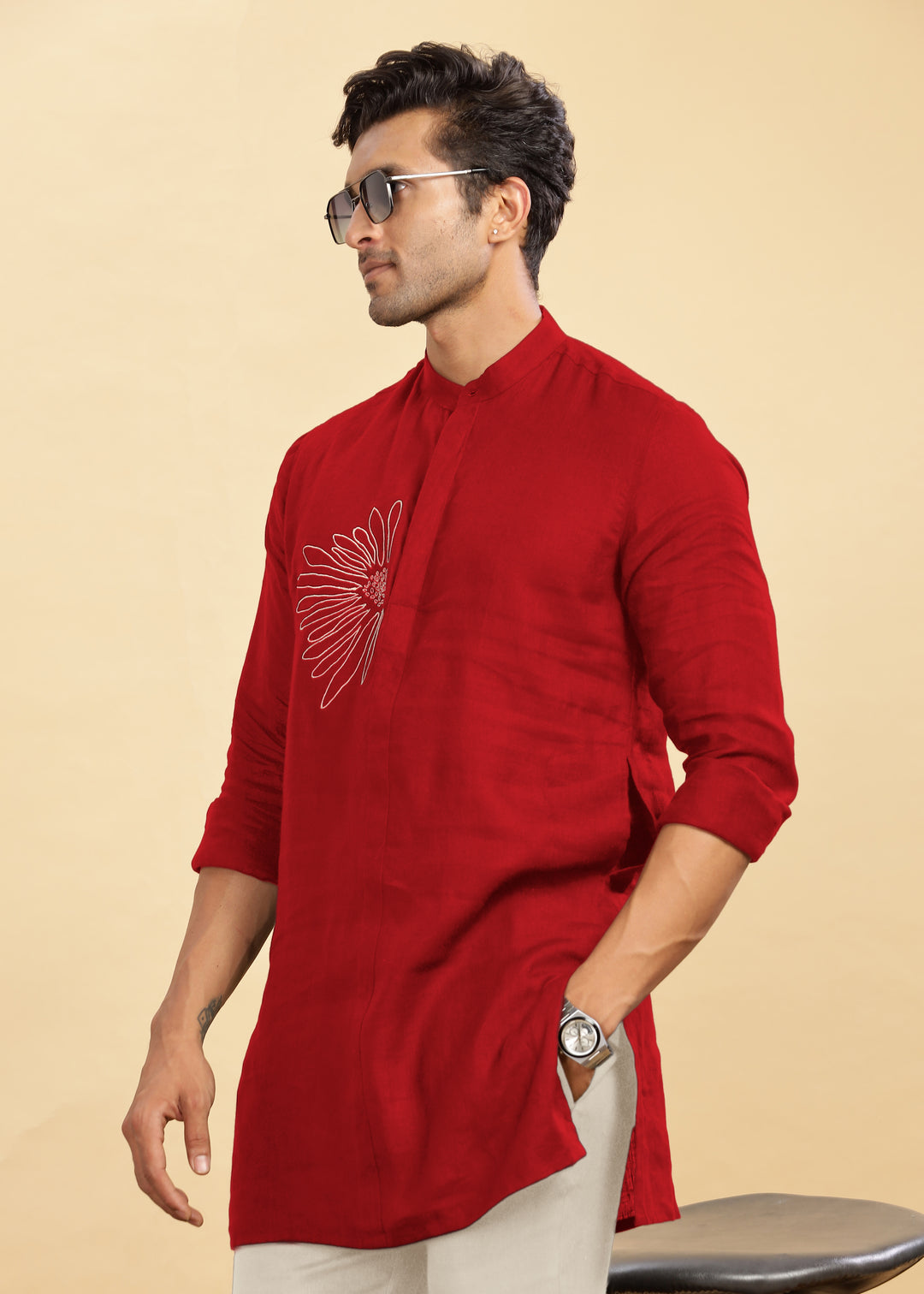 Yash Kurta - Pure Linen Long Kurta with Floral Embroidery | Mud Red