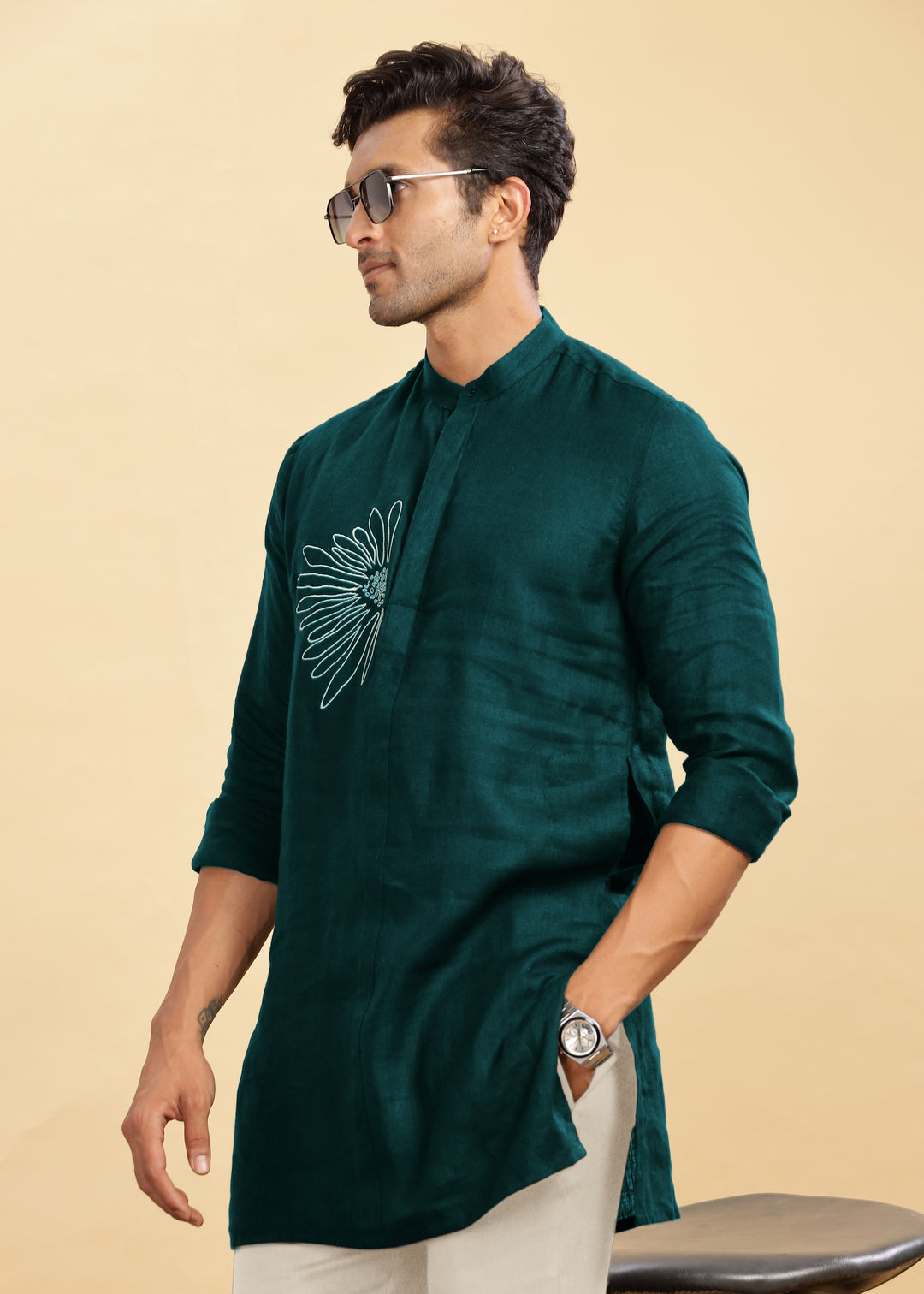 Yash Kurta - Pure Linen Long Kurta with Floral Embroidery | Dark Pine Green