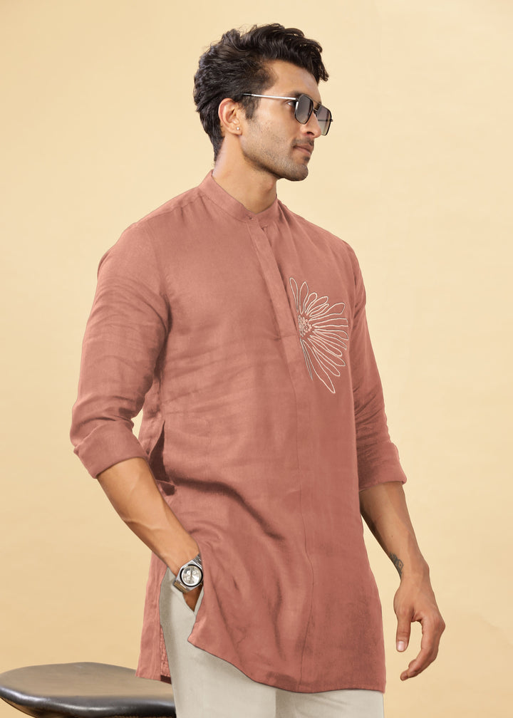 Yash Kurta - Pure Linen Long Kurta with Floral Embroidery | Fondue Pink