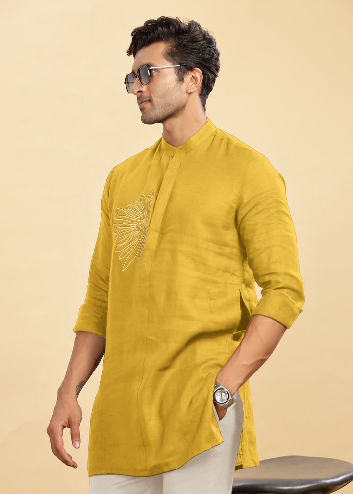 Yash Kurta - Pure Linen Long Kurta with Floral Embroidery | Sunburst Yellow