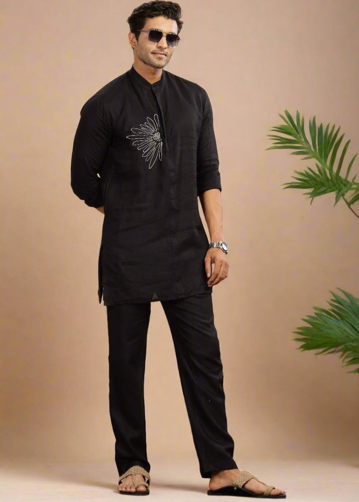 Yash Kurta - Pure Linen Long Kurta with Floral Embroidery | Black