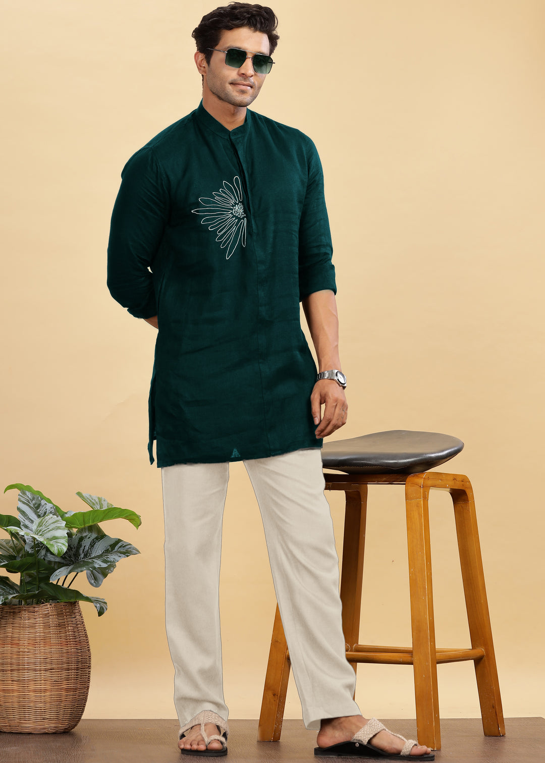 Yash Kurta - Pure Linen Long Kurta with Floral Embroidery | Dark Pine Green