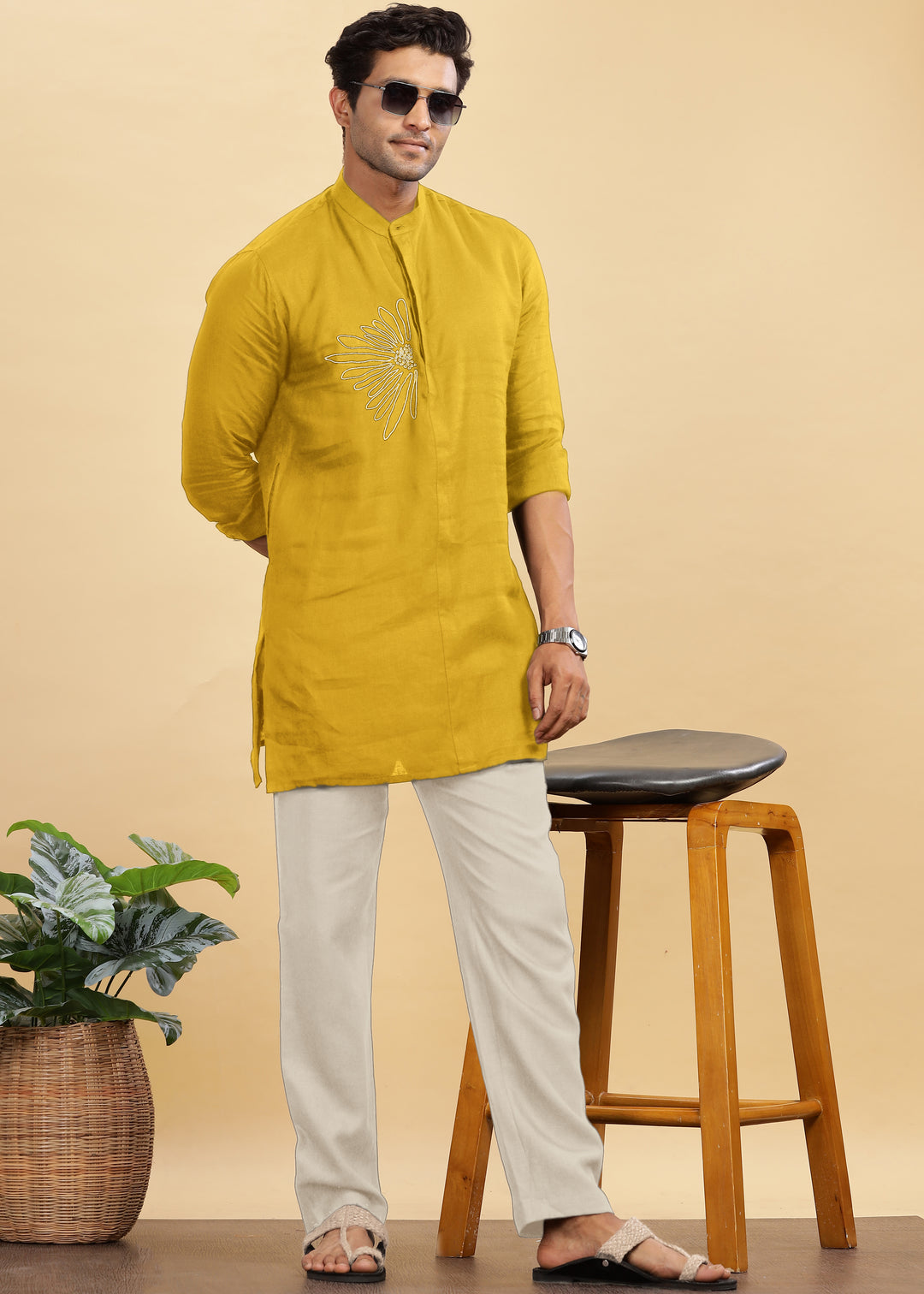 Yash Kurta - Pure Linen Long Kurta with Floral Embroidery | Sunburst Yellow