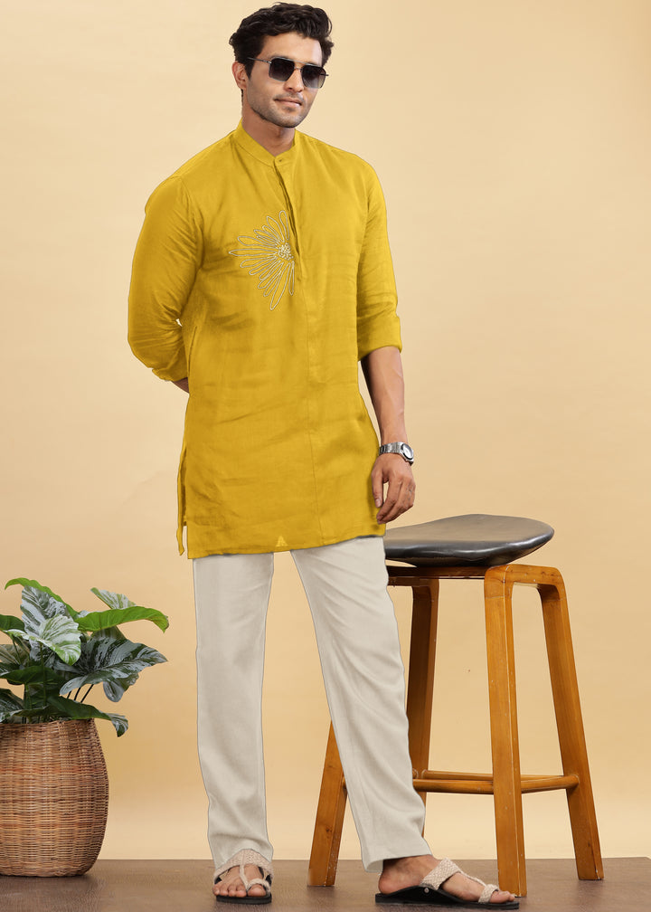 Yash Kurta - Pure Linen Long Kurta with Floral Embroidery | Sunburst Yellow