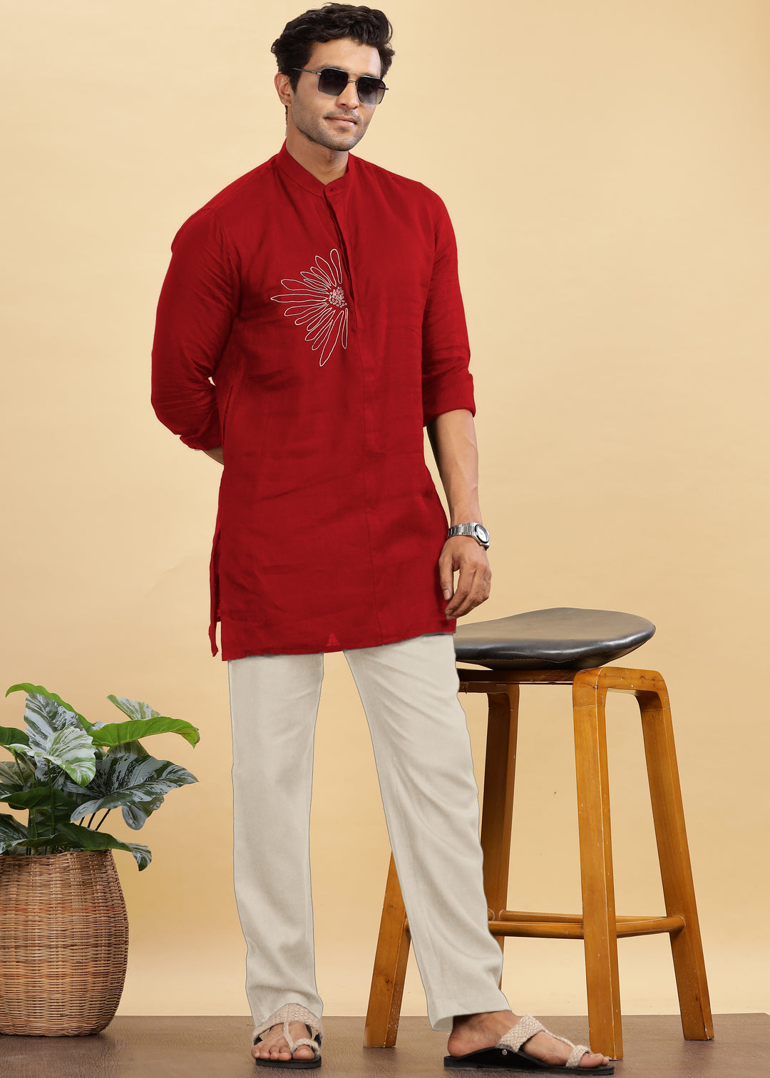 Yash Kurta - Pure Linen Long Kurta with Floral Embroidery | Mud Red