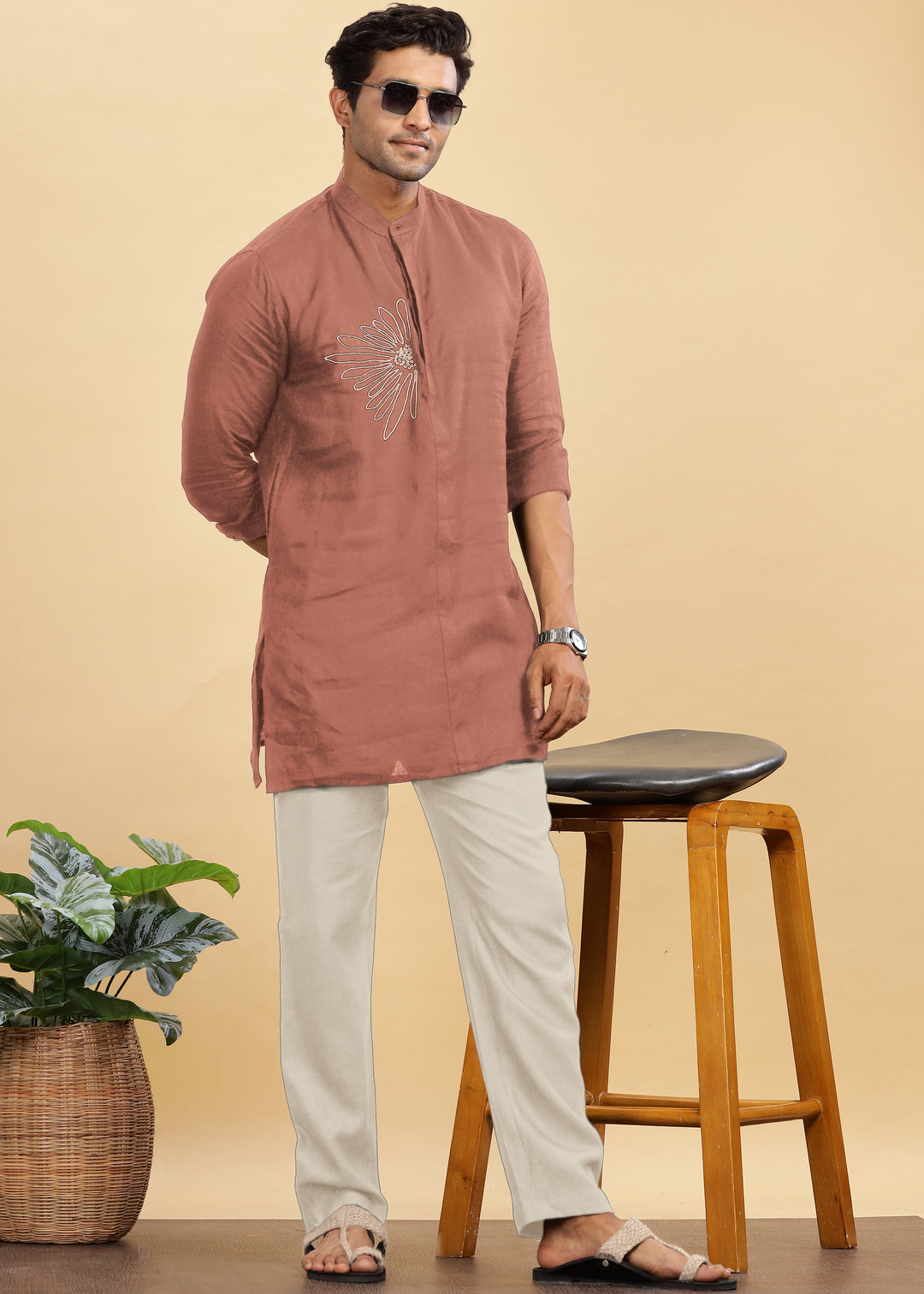 Yash Kurta - Pure Linen Long Kurta with Floral Embroidery | Fondue Pink