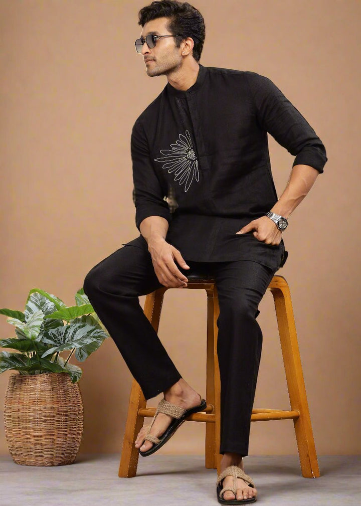 Yash Kurta - Pure Linen Long Kurta with Floral Embroidery | Black