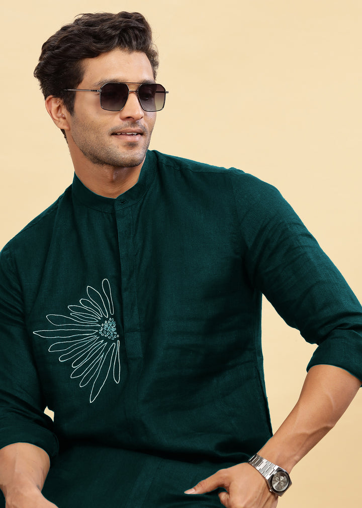 Yash Kurta - Pure Linen Long Kurta with Floral Embroidery | Dark Pine Green