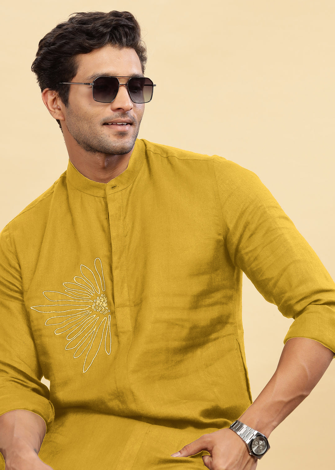 Yash Kurta - Pure Linen Long Kurta with Floral Embroidery | Sunburst Yellow