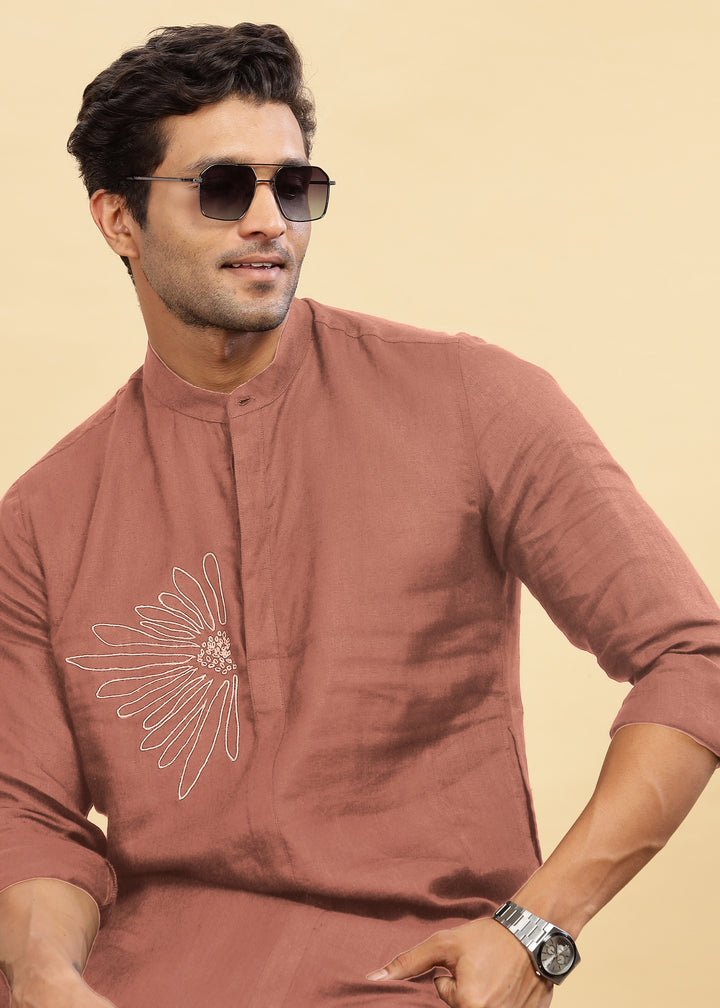 Yash Kurta - Pure Linen Long Kurta with Floral Embroidery | Fondue Pink