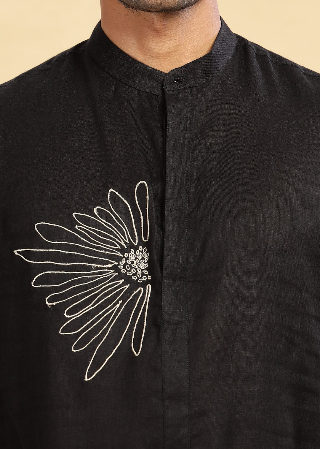 Yash Kurta - Pure Linen Long Kurta with Floral Embroidery | Black