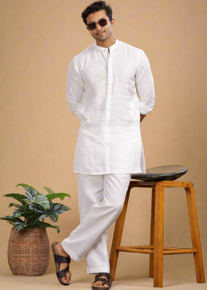 Yash Kurta Pant Set - Pure Linen Long Kurta Set with Floral Embroidery | White