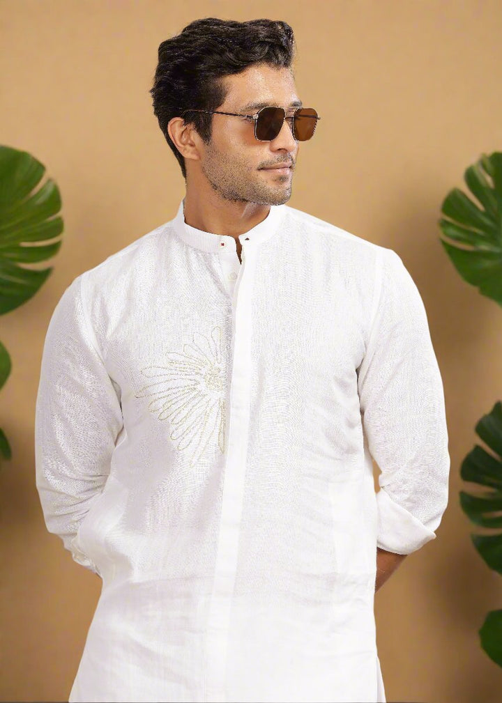 Yash Kurta - Pure Linen Long Kurta with Floral Embroidery | White