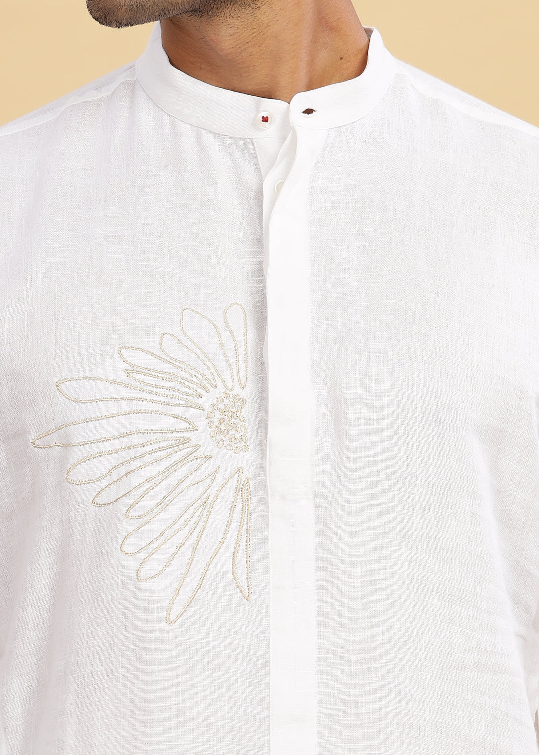 Yash Kurta - Pure Linen Long Kurta with Floral Embroidery | White