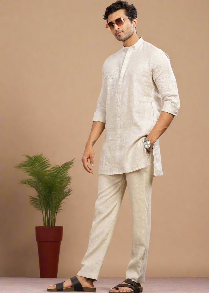 Yash Kurta Pant Set - Pure Linen Long Kurta Set with Floral Embroidery | Ecru