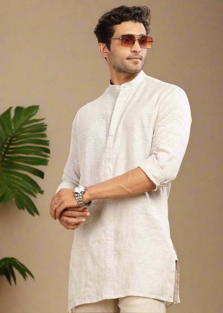 Yash Kurta - Pure Linen Long Kurta with Floral Embroidery | Ecru