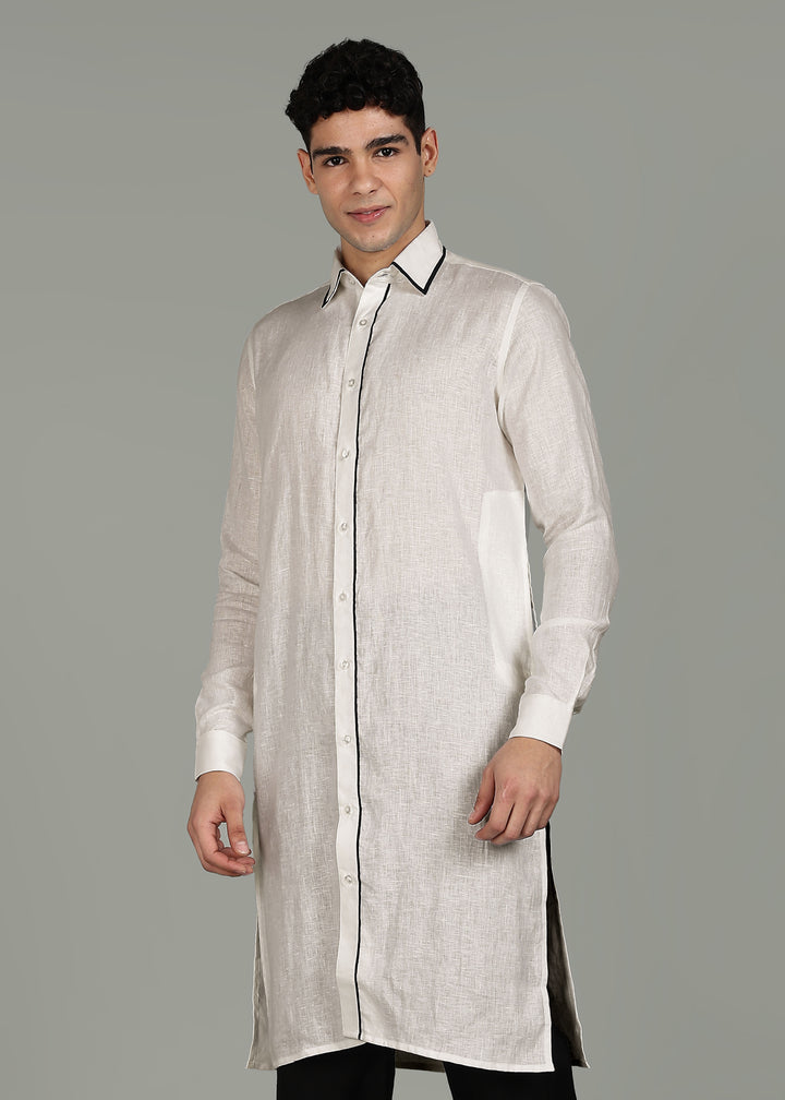 Yug - Pure Linen Long Kurta - Ecru with Black Piping detail