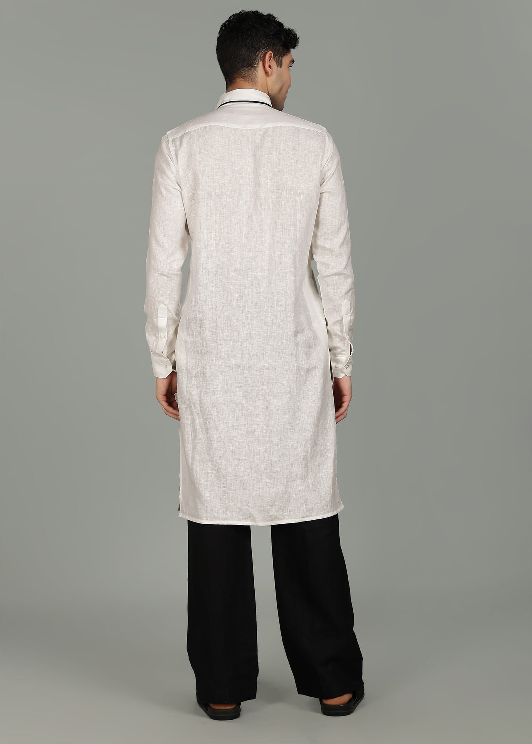 Yug - Pure Linen Long Kurta - Ecru with Black Piping detail
