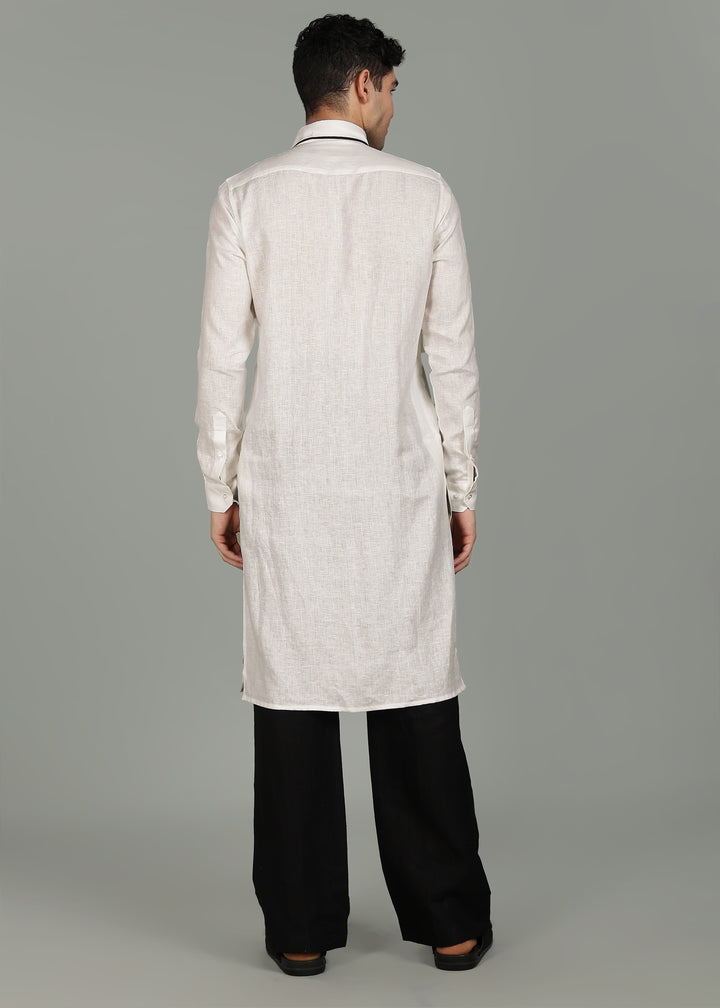 Yug - Pure Linen Long Kurta - Ecru with Black Piping detail