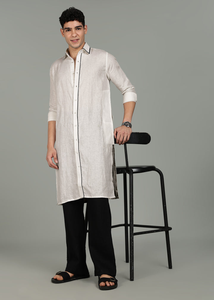 Yug - Pure Linen Long Kurta - Ecru with Black Piping detail