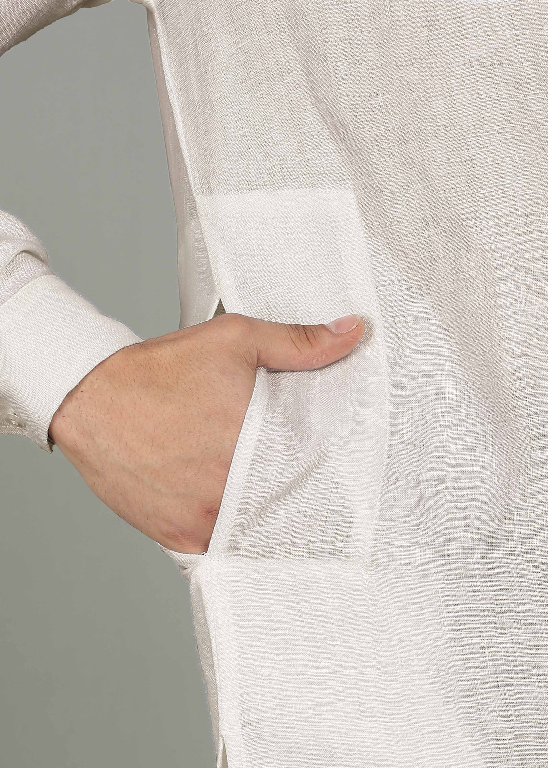 Yug - Pure Linen Long Kurta - Ecru with Black Piping detail