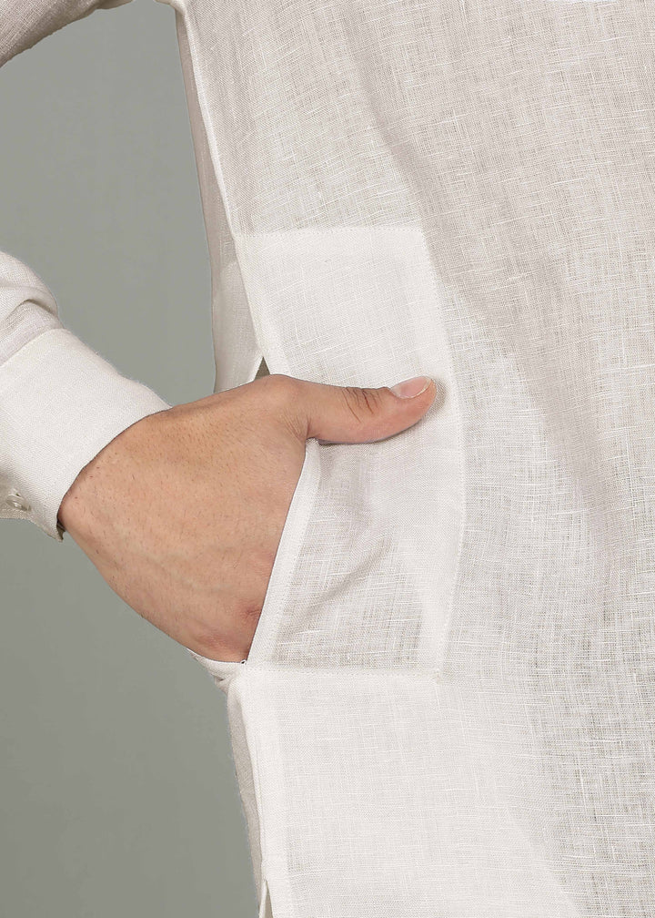 Yug - Pure Linen Long Kurta - Ecru with Black Piping detail