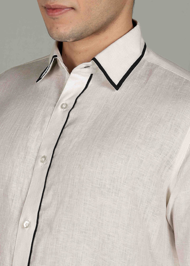 Yug - Pure Linen Long Kurta - Ecru with Black Piping detail