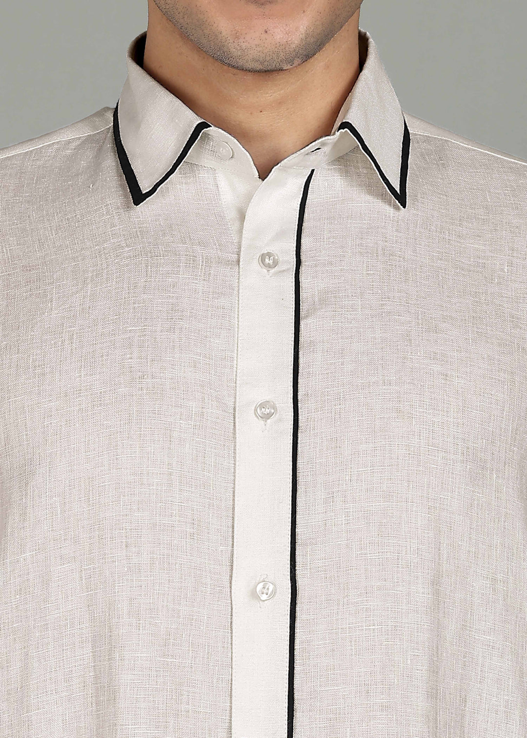 Yug - Pure Linen Long Kurta - Ecru with Black Piping detail