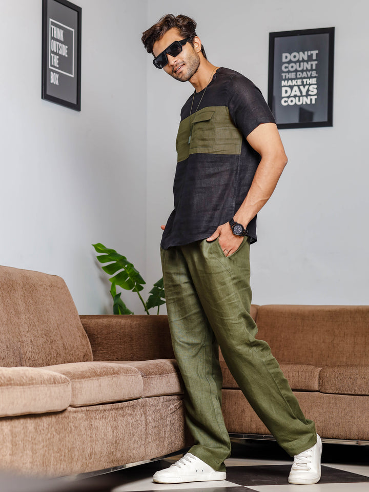 Zach - Double Color Block Pure Linen Short Sleeve T-Shirt - Black and Moss Green