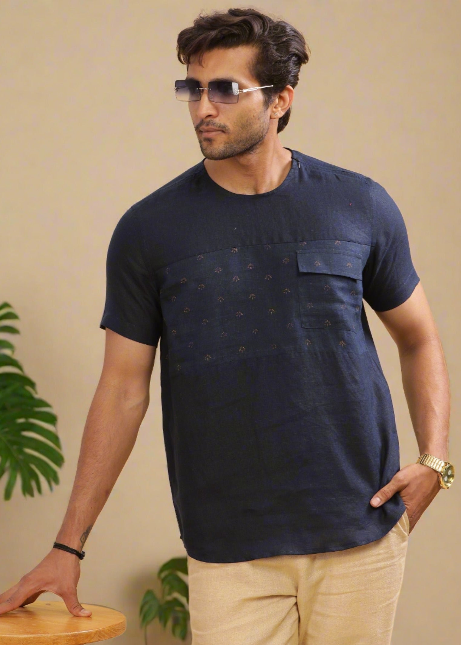 Dark Blue Double Color & Block Printed Pure Linen Short Sleeve T