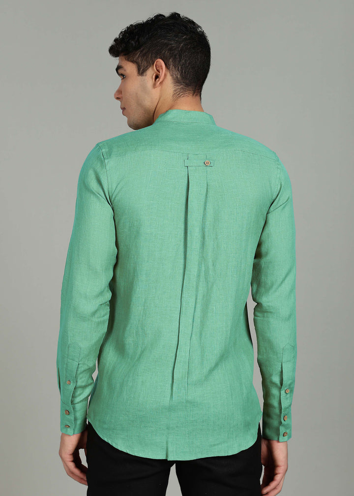 Zeke - Pure Linen Shirt with Back Box Pleat & Button Detail - Cobalt Green
