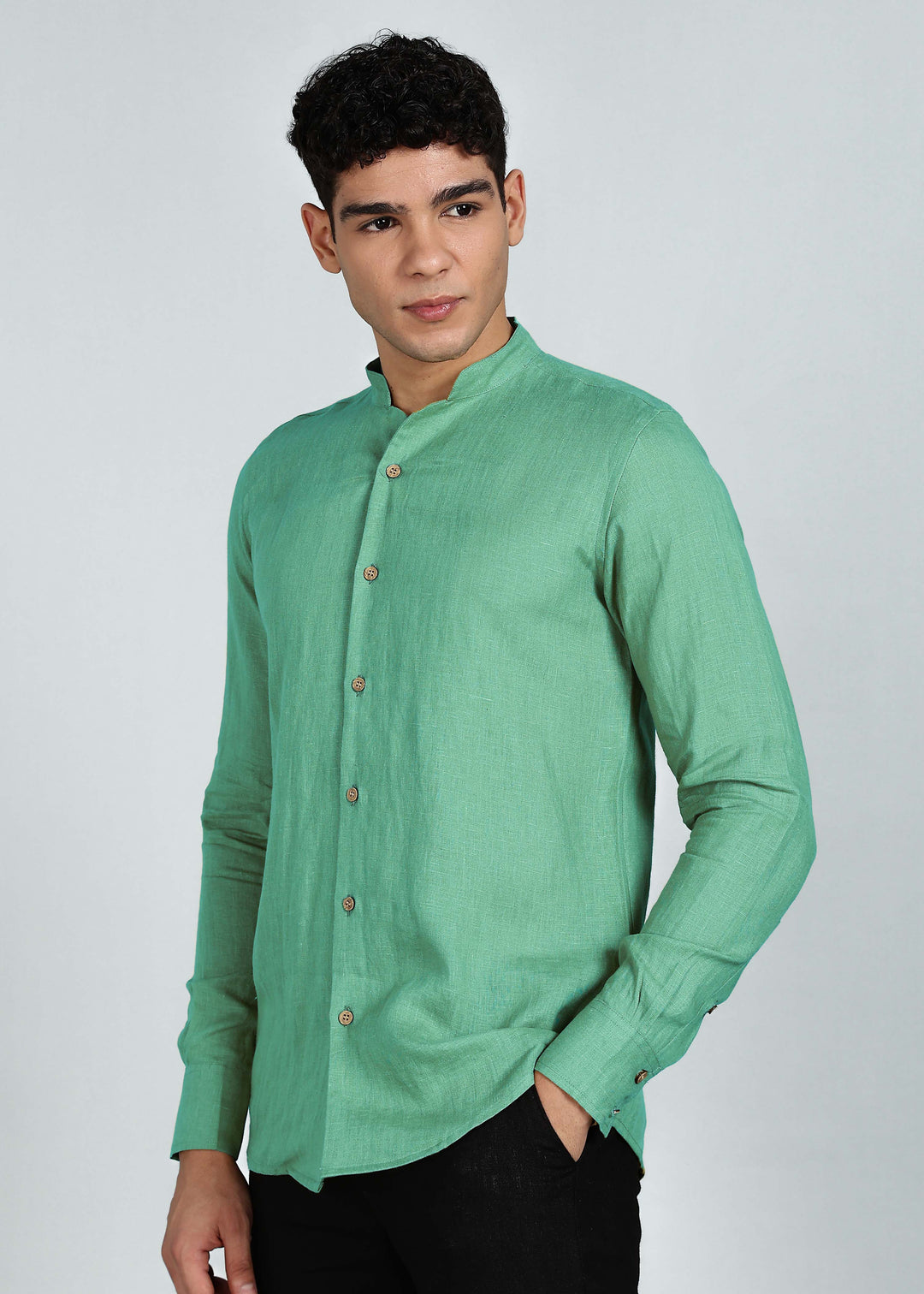 Zeke - Pure Linen Shirt with Back Box Pleat & Button Detail - Cobalt Green