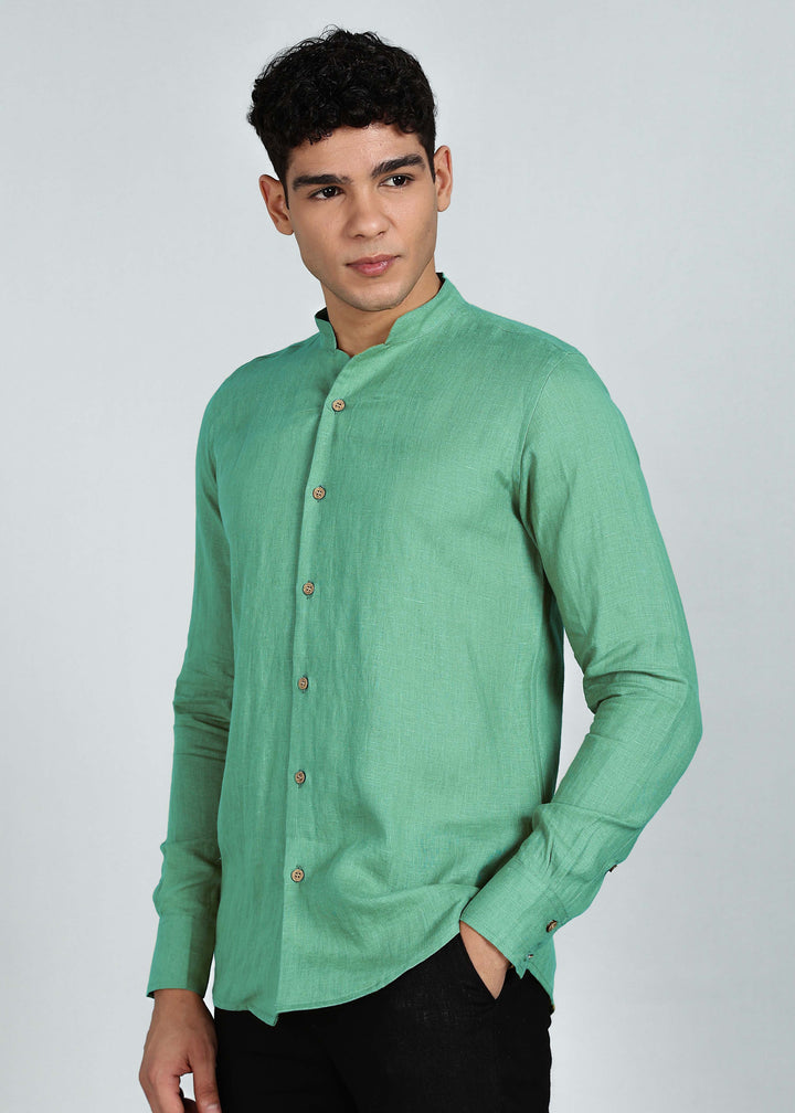 Zeke - Pure Linen Shirt with Back Box Pleat & Button Detail - Cobalt Green
