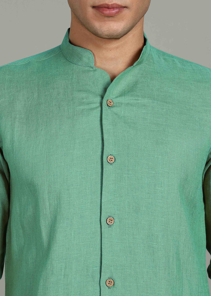 Zeke - Pure Linen Shirt with Back Box Pleat & Button Detail - Cobalt Green