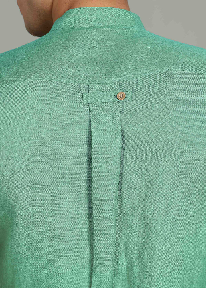 Zeke - Pure Linen Shirt with Back Box Pleat & Button Detail - Cobalt Green