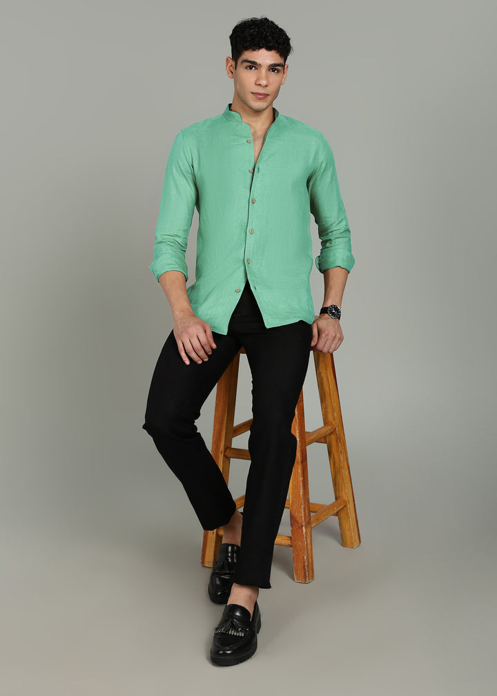 Zeke - Pure Linen Shirt with Back Box Pleat & Button Detail - Cobalt Green