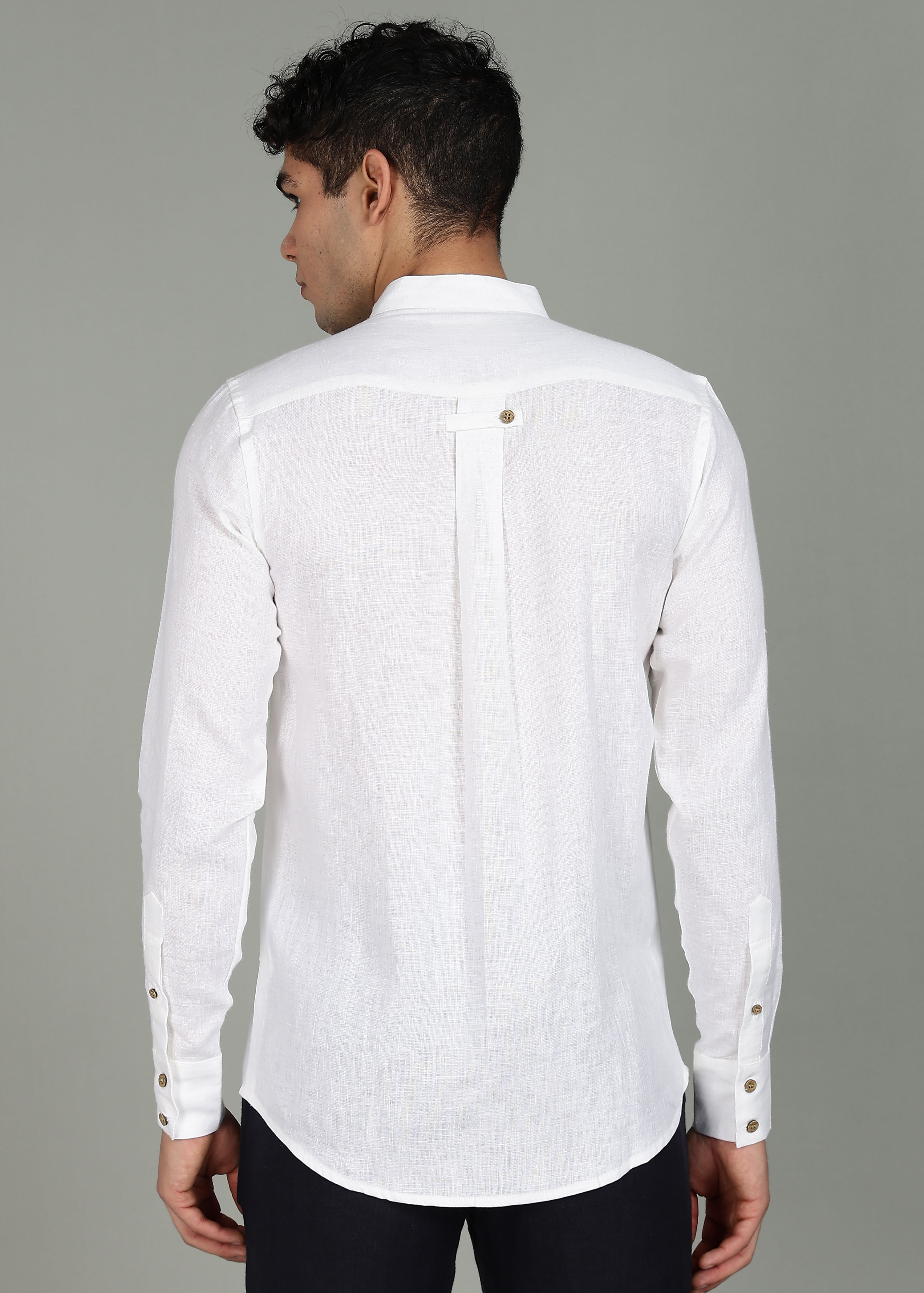 White Pure Linen Shirt with Back Box Pleat & Button Detail – Linen