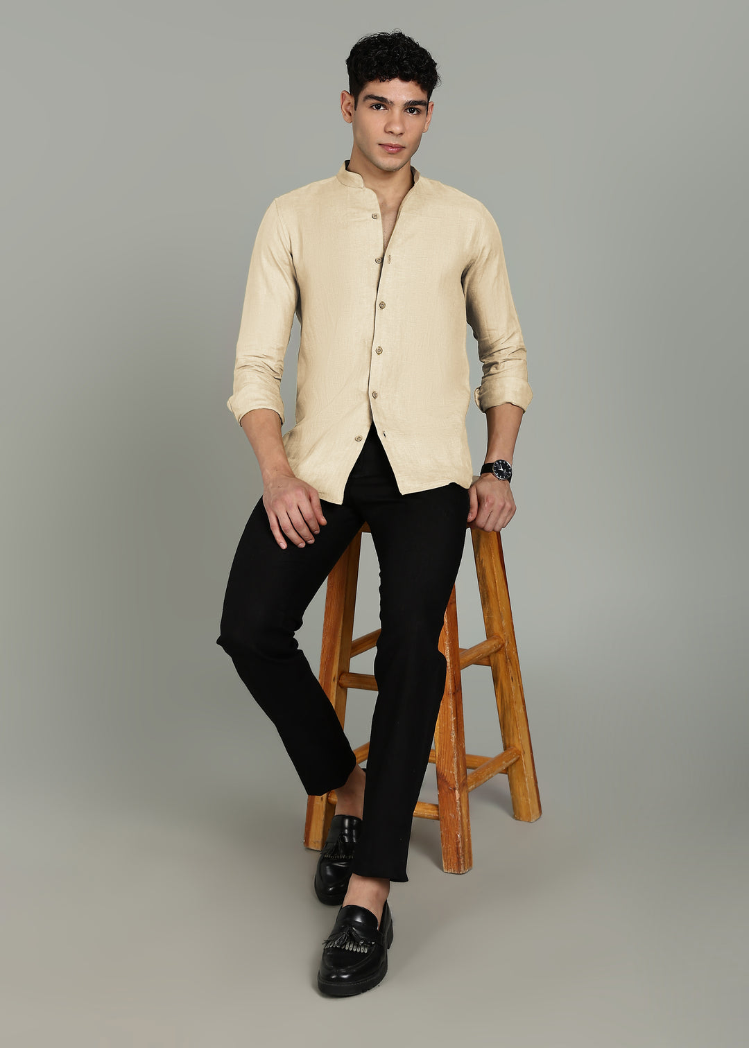 Zeke - Pure Linen Shirt with Back Box Pleat & Button Detail - Light Tea Yellow