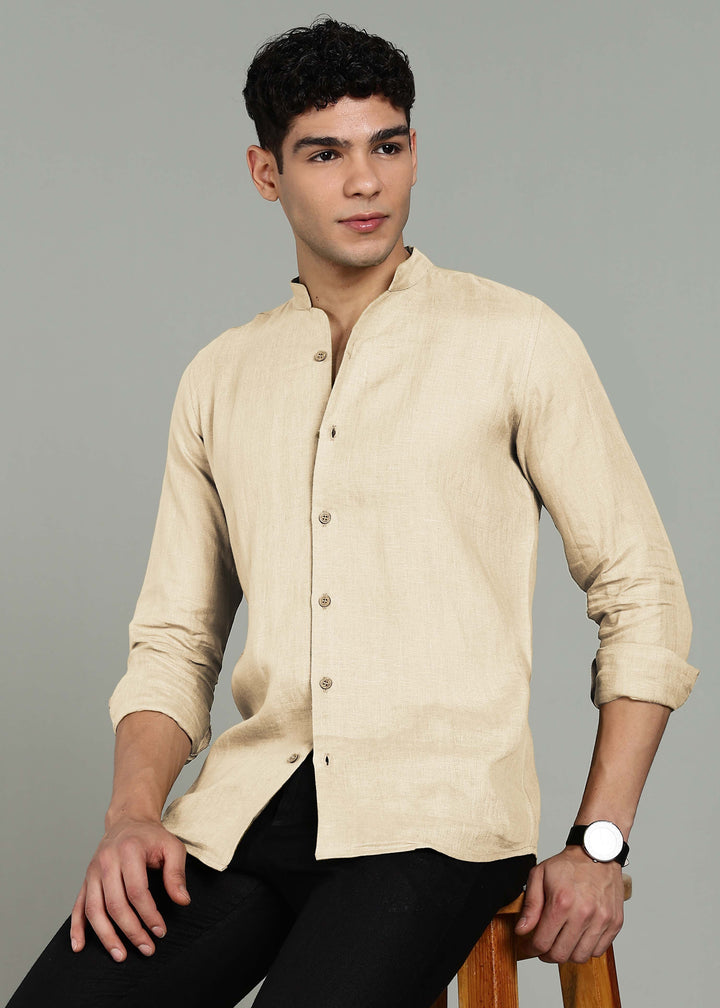 Zeke - Pure Linen Shirt with Back Box Pleat & Button Detail - Light Tea Yellow