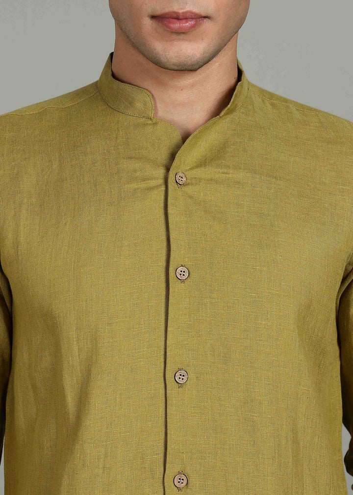 100% pure linen sap green full sleeve shirt in 60 LEA with button details on a plain background
