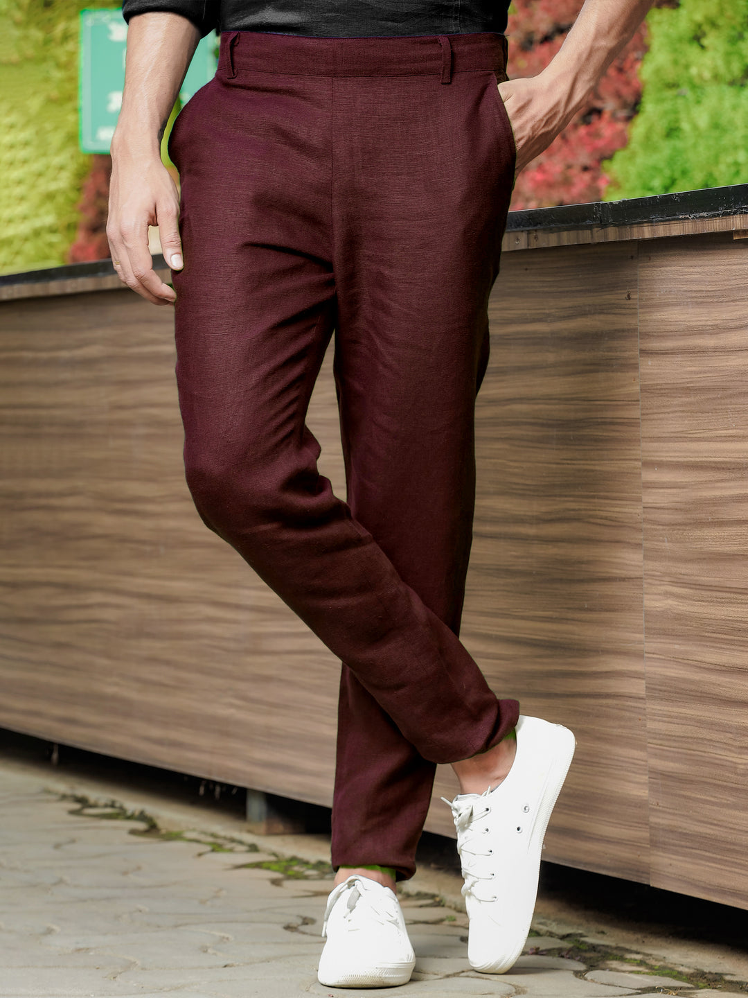 Zen Relaxed Fit Pure Linen Trousers - Maroon
