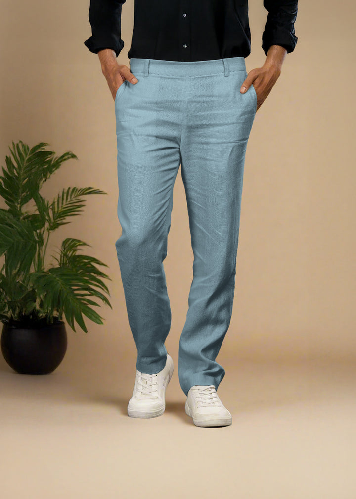 Zen Relaxed Elastic Pure Linen Trousers - Light Blue Grey