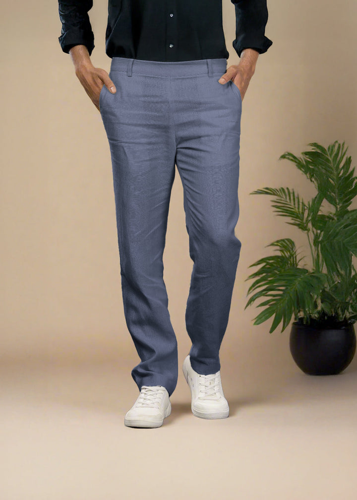 Zen Relaxed Elastic Pure Linen Trousers - Dark Blue Grey