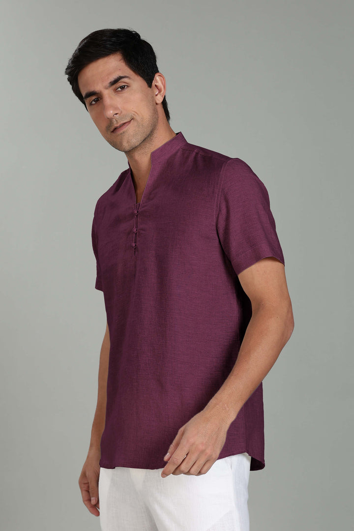 Ziv -  Pure Linen Half Sleeve Kurta - Twilight Purple