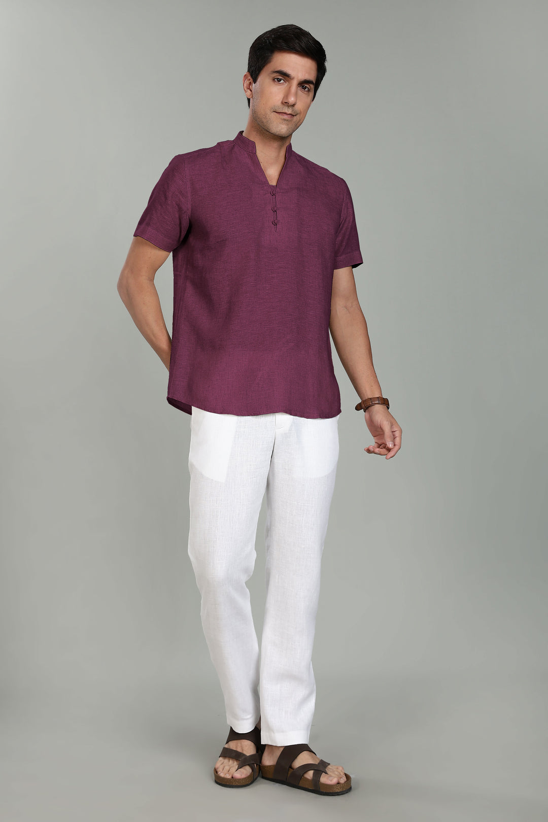 Ziv -  Pure Linen Half Sleeve Kurta - Twilight Purple