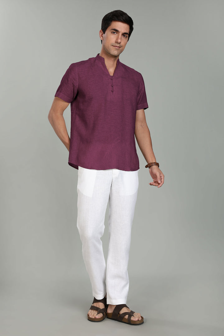 Ziv -  Pure Linen Half Sleeve Kurta - Twilight Purple